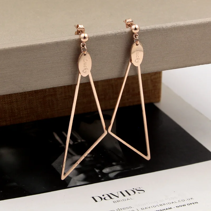 

Fashion Stainless Steel Hollow Lucky Letter Round Big Triangle Drop Earrings Rose Gold Color Women Female Party Gift