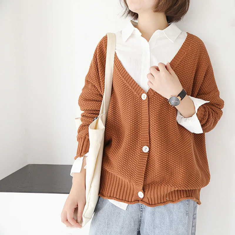 

Johnature Autumn Sweater Single Breasted Knitted Solid Color Cardigan 2019 New Korean V-neck Long Sleeve 4 Color Women Sweater