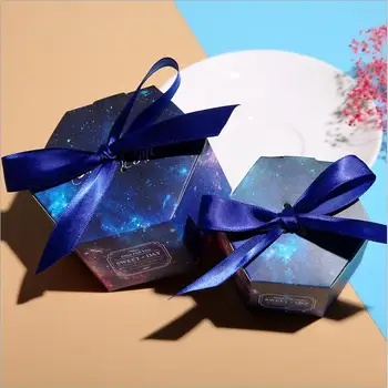 

100pcs Creative Blue Starry Sky Hexagonal Floral Wedding Favors Candy Boxes Bomboniera Party Chocolate Box Paper Gift Box
