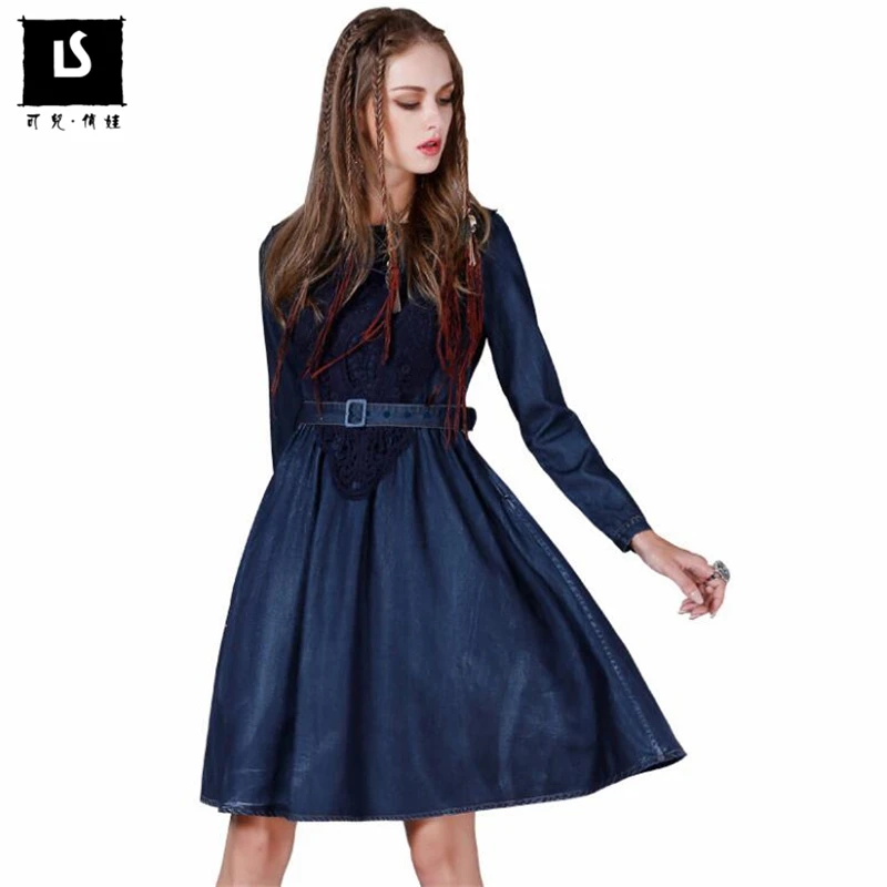 

Spring Autumn Women Soft Denim Dress Casual Belt Slim Denim Dresses Vintage Long Sleeve A-Line Elegant Women plus size vestidos