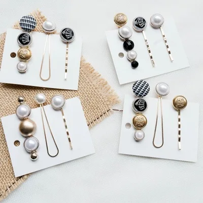 

3pcs/set Sweet Japan and Korea style alloy Imitation Pearl Hairpin Combination suit Lattice pattern Hair Pin Button Clip