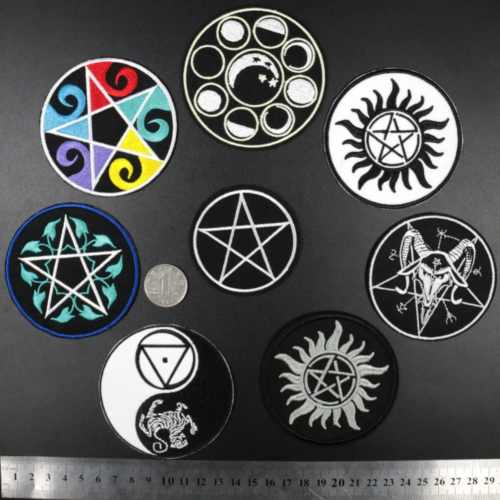 

8 Style Pentagram FENGSHUI moon sun Embroidery Patches Tai Ji Yin & Yang round Nirvana Applique Iron on Clothing Sticker Badge