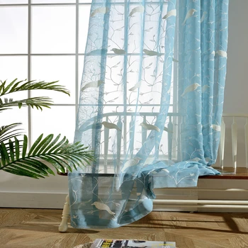 

Senisaihon Upscale Tulle Curtains Korean Blue White Small Birds Embroidery Sheer Curtains Bedroom Voile Curtains for Living Room