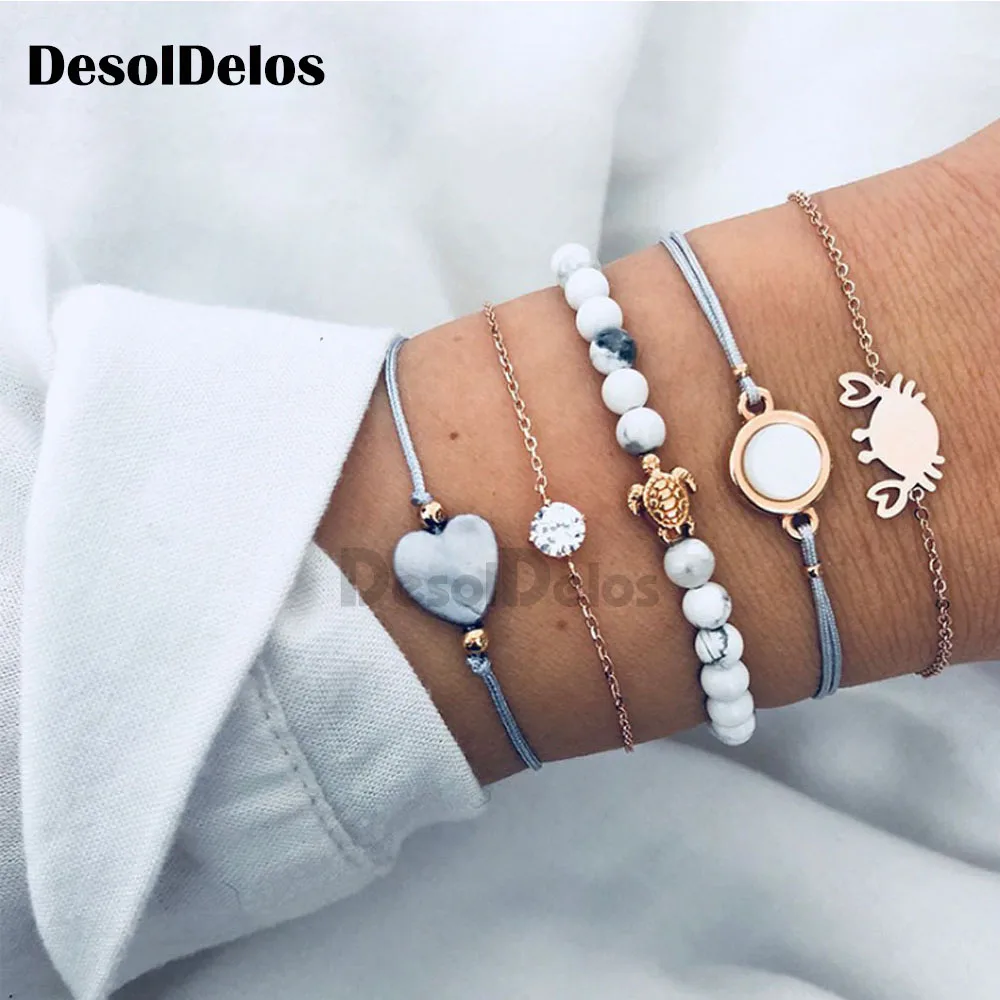 

5pcs/Set Boho Turtle Charm Bracelets Sets Women Bohemian Artificial Natural Stone Beads Bracelet Map Multi-layer Bangles