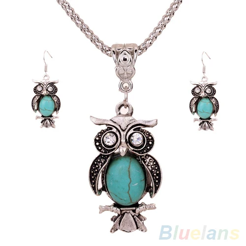 

Women's Vintage Antique Silver Cute Owl Earrings Necklace Jewelry Set 1K2V