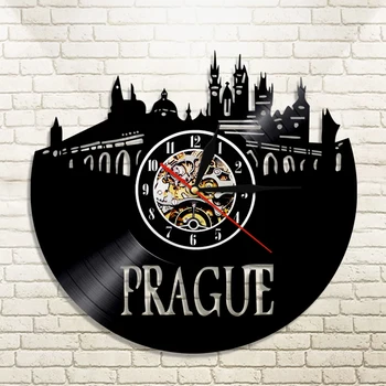 

1Piece Prague Skyline Wall Art Clock Czech Republic Big City Cityscape Wall Clock Made Of Vinyl Record Wall Art Travel Gift