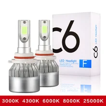 2 led h7 h11 h4 hi/lo h1 h3 h8 hb1 hb3 hb4 hb5 ps24w hir2 h13 h16 h27 lâmpada para farol de carro 9005, 3000k, 4300k, 6000k, 8000k, cob c6