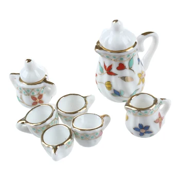 

15 Piece Miniature Dollhouse dinnerware porcelain tea set tableware Cup plate Colorful floral print