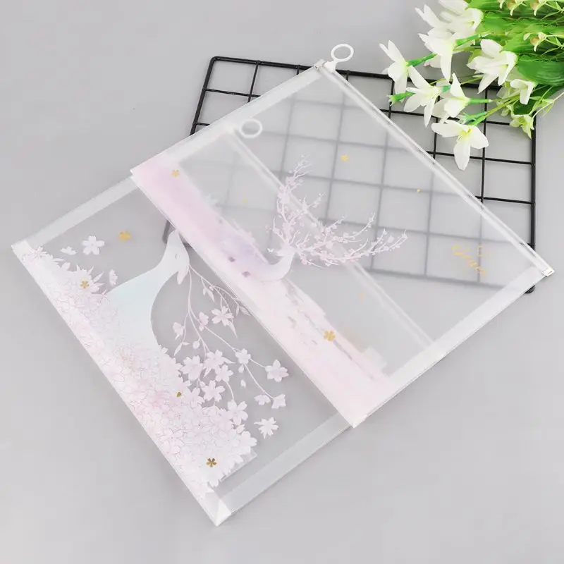 

A4 Pink Girl Cartoon Print File Bag Plastic Zippered Folder Envelopes Clear Pouch Envelopes File Document Holder Case Letter C26