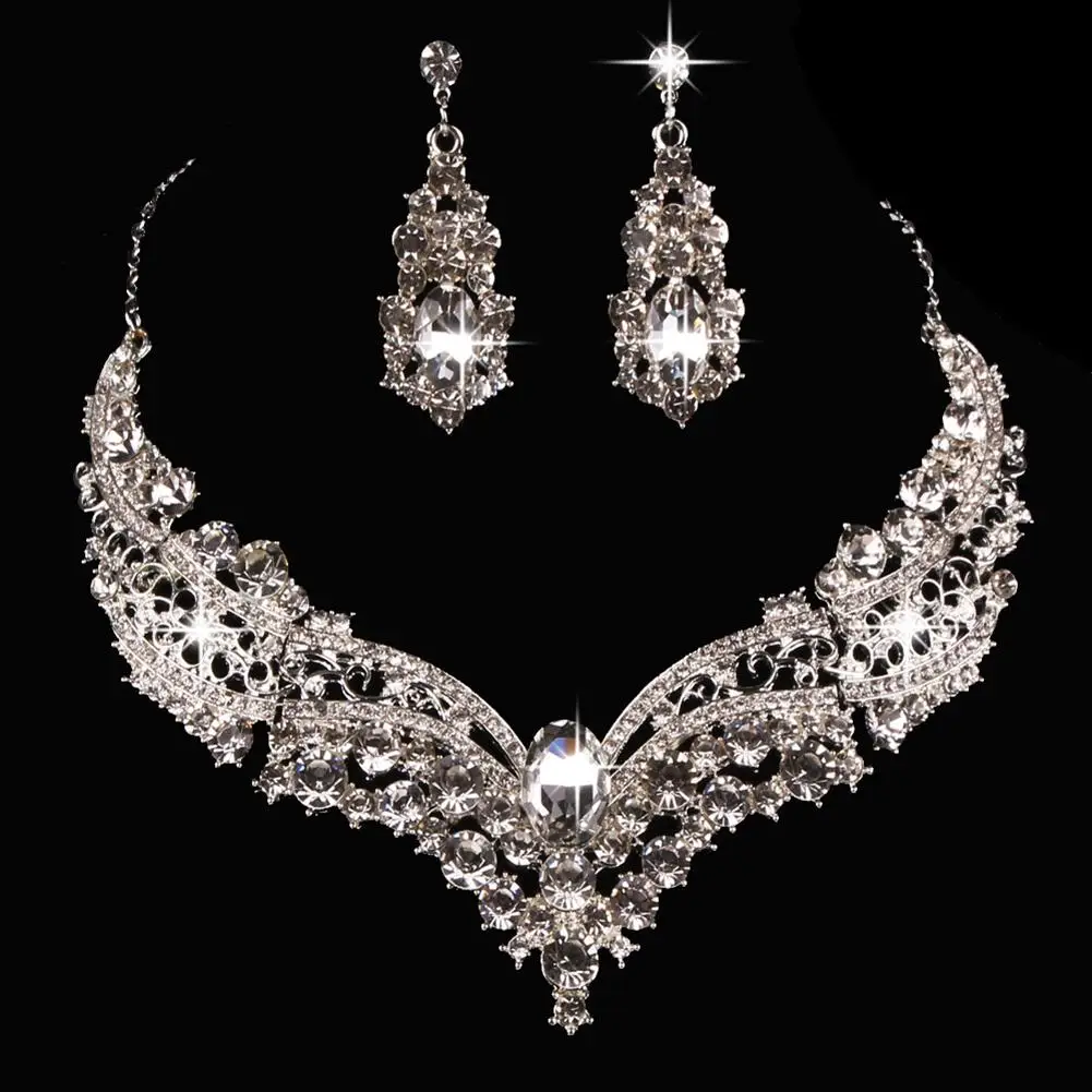 Свадебный Королевский стиль полностью блестящие стразы ожерелье серьги комплект ювелирных изделий привлекательный