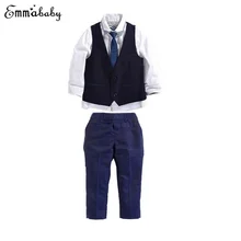 Комплект из 3 предметов, Осенняя детская официальная одежда для маленьких мальчиков Джентльменский жилет, блузка длинные штаны, наряд для свадьбы