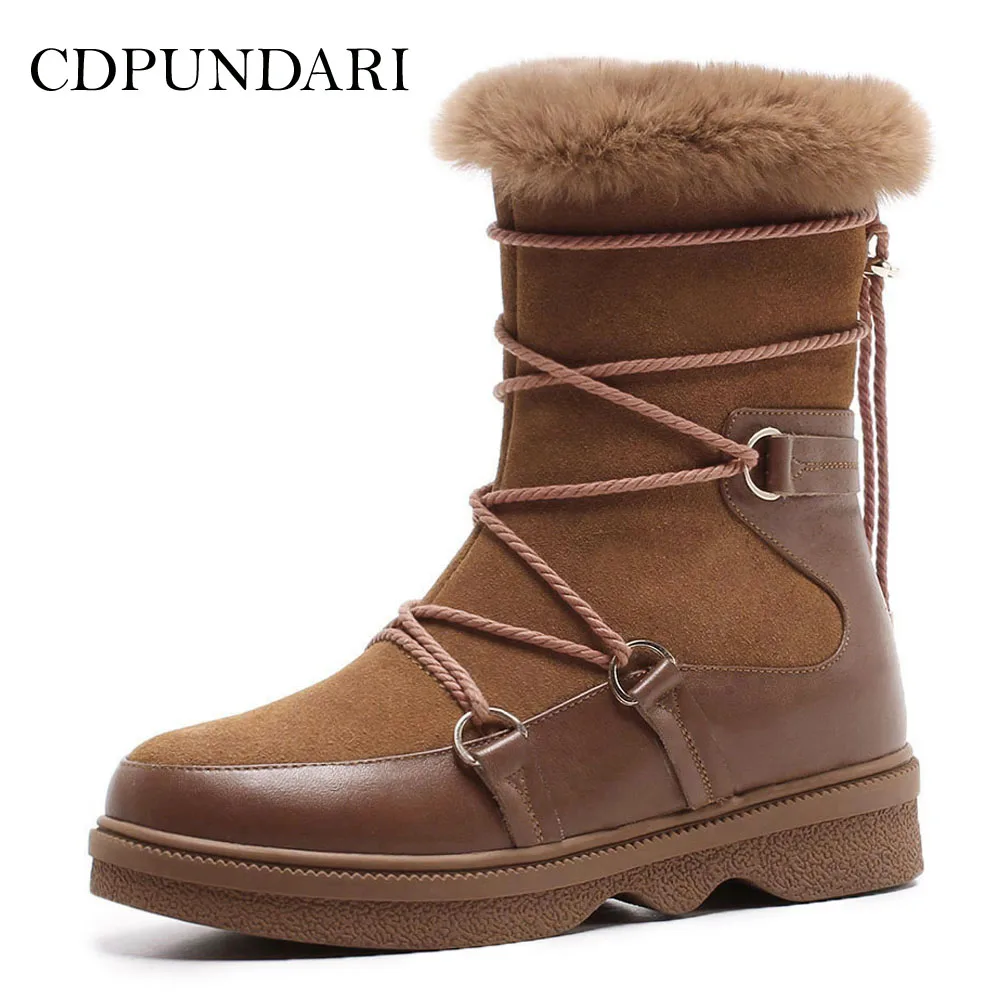 

CDPUNDARI Genuine Leather snow boots women Winter shoes Ladies Plush Platform Ankle boots