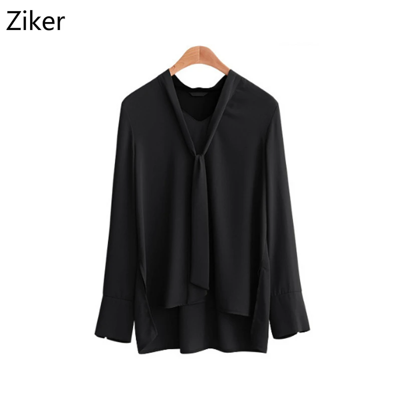 

Ziker Solid Chiffon Women Blouses Shirts V-Neck Long Sleeve Autumn And Winter Plus Size Tops Bow Tie Loose Shirt M-5XL
