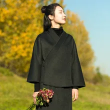 Традиционное шерстяное Женское пальто со стоячим воротником с v-образным вырезом и завязками, черный темно-синий высококачественный мягкий шерстяной топ-юбка, комплект одежды