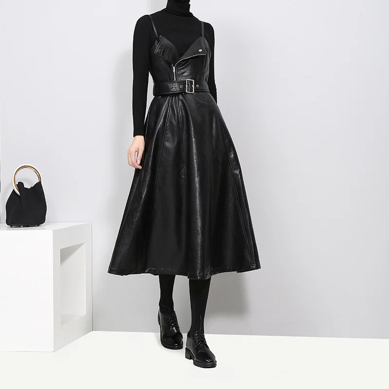 

SWYIVY Dress Women Cloth 2019 Autumn PU Leather Sling Slim Dress Sleeveless Party Dress OL Thin Shoulder Strapless Black