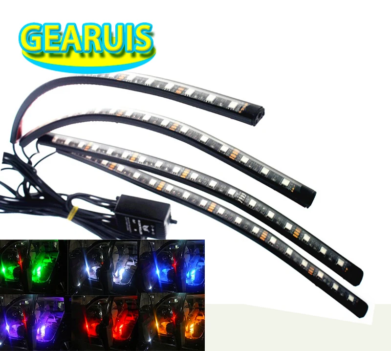 

Hot!!! Music Control RGB LED Strip Light 18 smd 5050 33CM 7 Colors Car Styling Atmosphere Lamp 4 in 1 Car Interior Light 12V