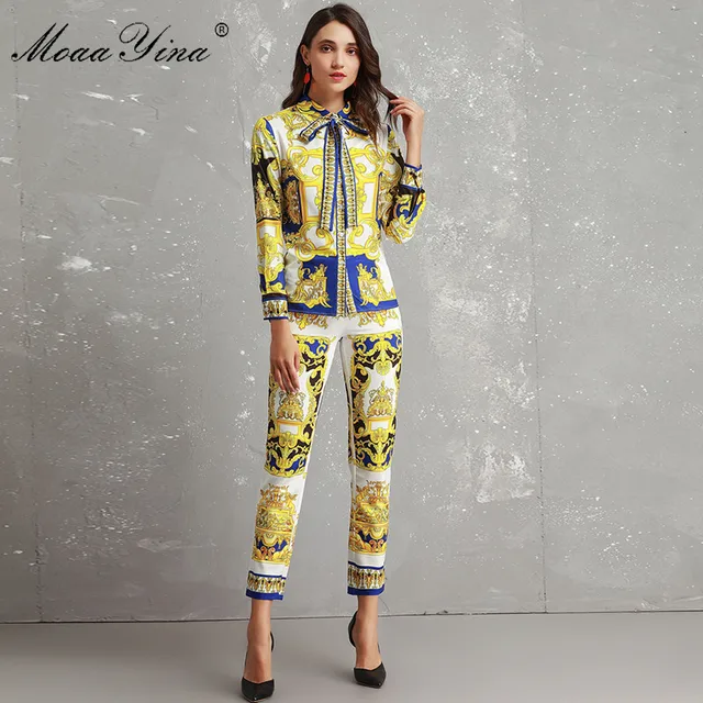 Cheap MoaaYina Fashion Designer Set Women's High Quality Long Sleeve Vintage Printed Elegant Shirt+3/4 Pencil pants Two-piece suit Cheap MoaaYina Fashion Designer Set Women's High Quality Long Sleeve Vintage Printed Elegant Shirt+3/4 Pencil pants Two-piece suit