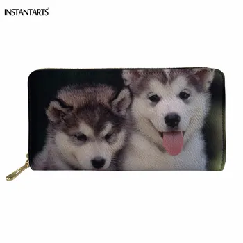 

INSTANTARTS Fashion Woman Man Zipper Wallets Cute 3D Dog/Puppy Husky Printed Long PU Leather Purse Waterproof Clutch Card Holder
