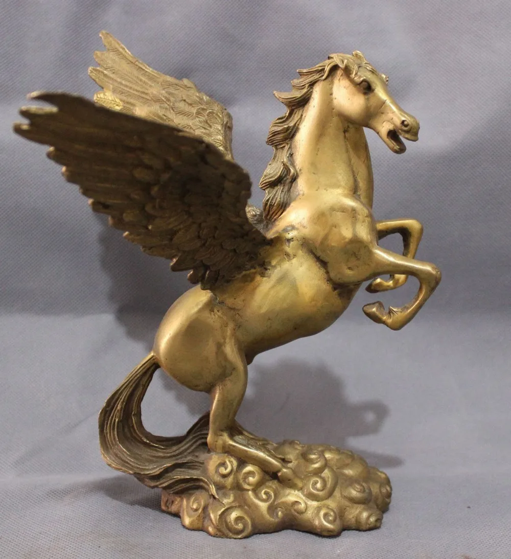 

9" Folk Chinese Year Zodiac Brass FengShui Myth Fly Up Horse Statue Sculpture
