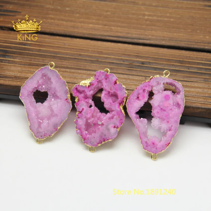 

5pcs Natural Geode Druzy Pendant Fuchsia Geode Stone Plated Gold Connecter for Jewelry Handmade Wholesales GH032