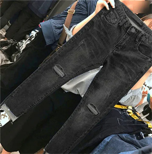 Женские рваные джинсы хорошего качества эластичные свободные стильные для женщин прямые джинсы rasgados плюс размер 4XL ouc522 - Цвет: Black Ripped