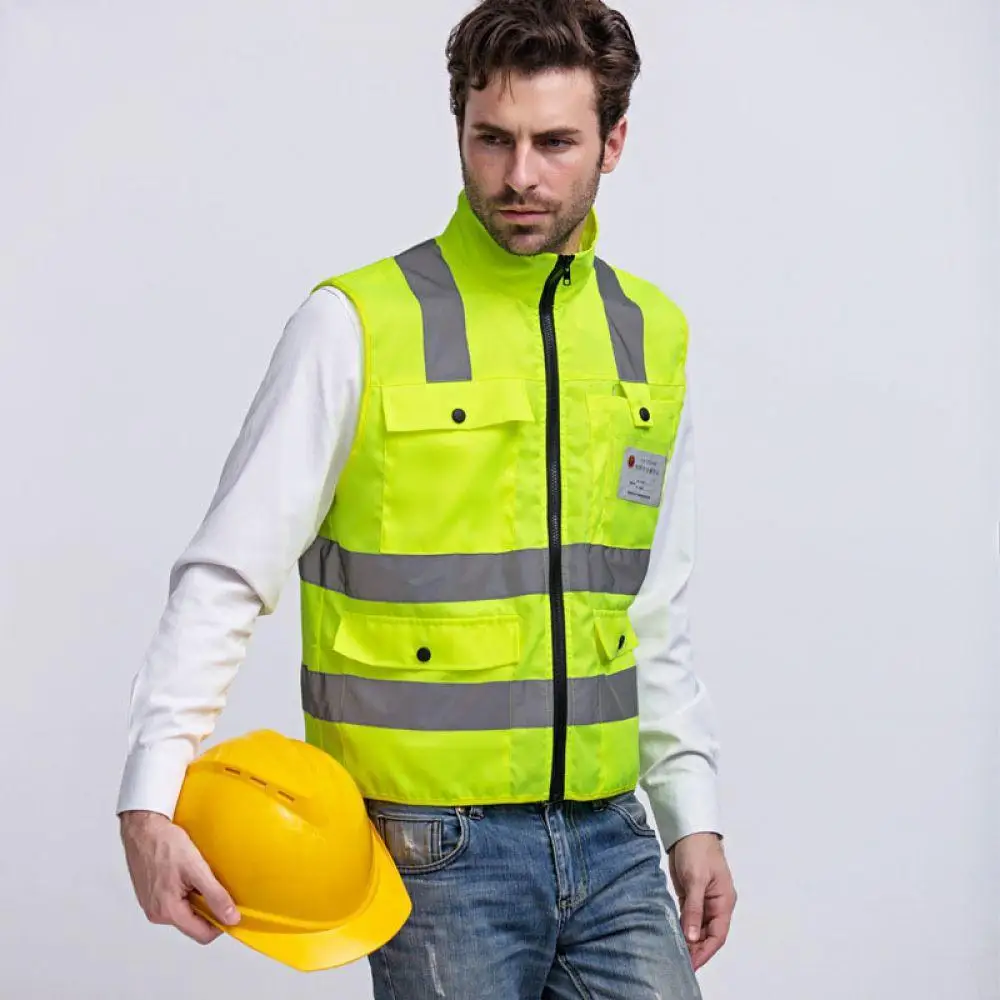 

High Visibility Reflective Safety Vest Strip Fluorescent Yellow Workwear Vest Multi pockets Outdoor Safety Working Tops Clothing