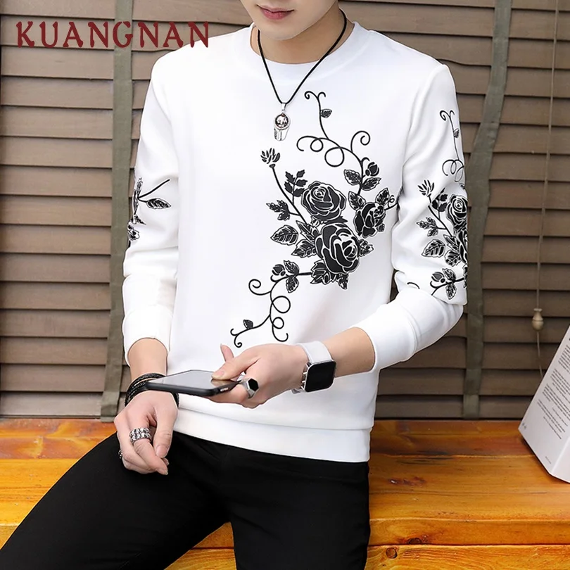 

KUANGNAN Rose Floral Sweatshirts Men Fashions Streetwear Sweatshirts Men Black Pullover Men's Sweatshirt Male 2018 Autumn