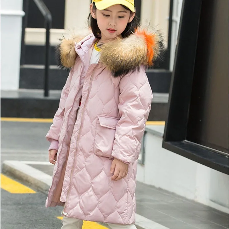 

Christmas Whie Duck Down Warm Winter Coat Girl Parka Long Thick Winter Jacket Girls 2018 Fur Hooded Outwear Red Purple Black