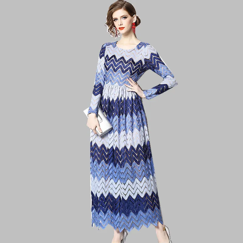

HAMALIEL Elegant Women Long Big Swing Lace Dress New 2019 Spring Wave Striped Long Sleeve Dress Vintage Maxi Hollow Out Vestidos