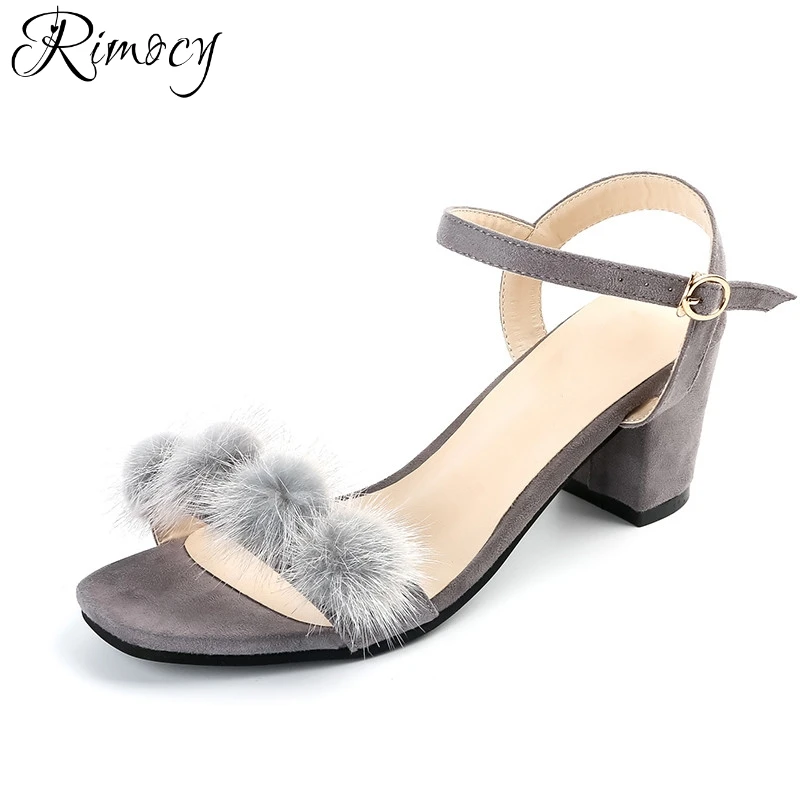 

Rimocy thick high heels flock mink fur sandals women 2017 summer fashion open toe ankle strap casual shoes woman solid sandalias