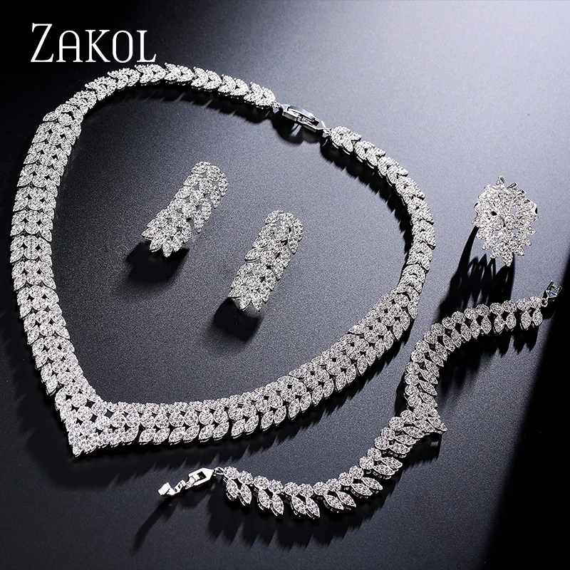 

ZAKOL Gorgeous Design Sliver Color/Gold-color Cubic Zirconia Leaf Shape Ladies Fashion Jewelry Set For Party Bijoux FSSP288