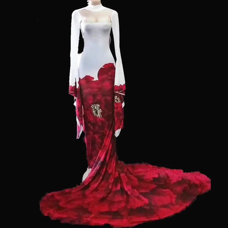 Red Rose Printed Prom Party Formal Dress Long Tail Bar Sexy One piece Costumes Slim