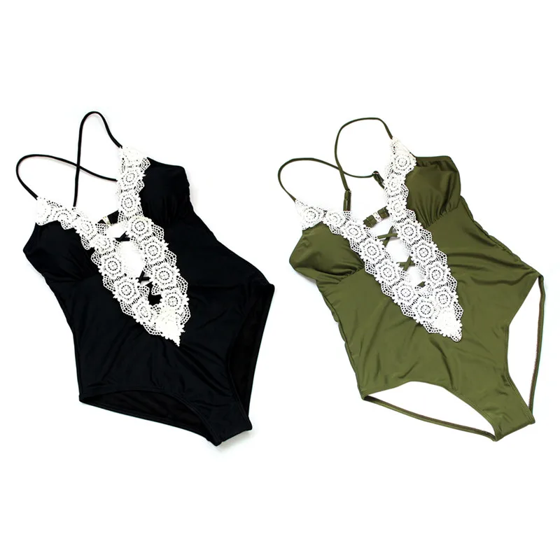 

One Piece Swimsuit 2019 Sexy Deep V-neck Swimwear Women Bathing Suit Swim Vintage Summer Lace Beach Wear Print Bandage Bikini