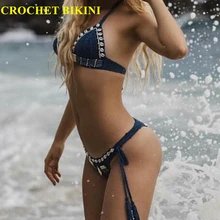 CROCHET BIKINI Sexy lace dress Lace Knit Bra Boho Women Swimwear Beach Push-up Bikini Halter Cami Tank Crop Top Handmade Brazil stylish cami lace women s bodycon dress