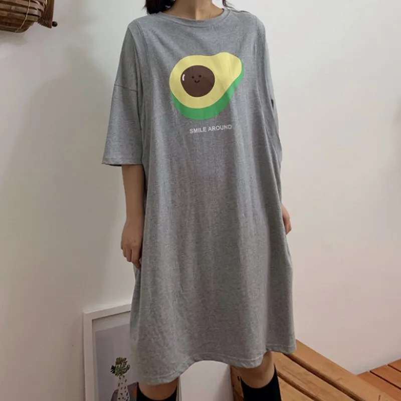 

College Style Fake Two Pieces Avocado Print Female Student Dress Summer Streetwear Casual Loose Short-sleeve Women Dress