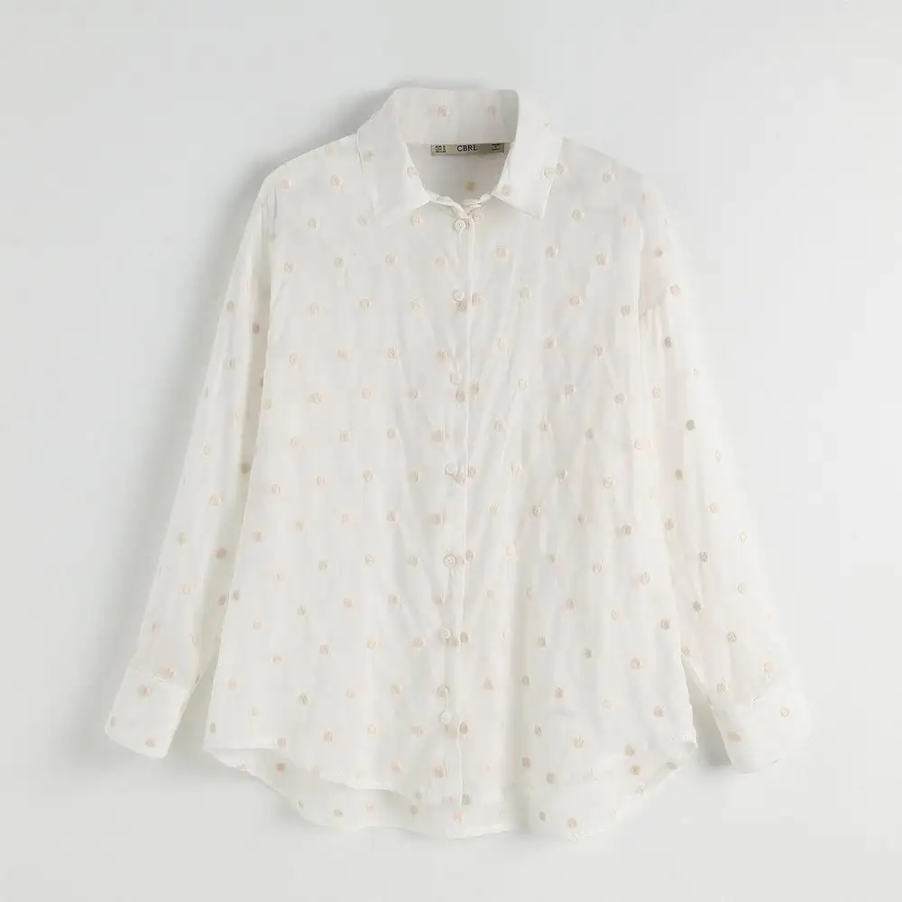  2019 za women cotton blouse turn-down embroderied polka dot shirts blouses shirts Womens Camisa Blu