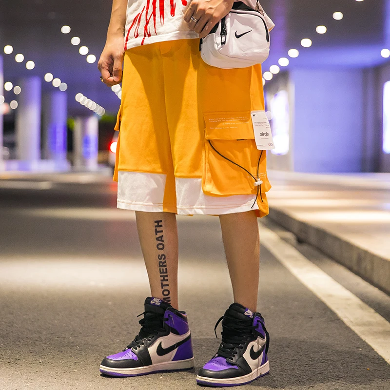 Мешковатые Лоскутные мужские шорты Карго желтые карманы, набедренный хоп Уличная повседневные мужские шорты японские Короткие штаны для бега фитнес человек S6T31