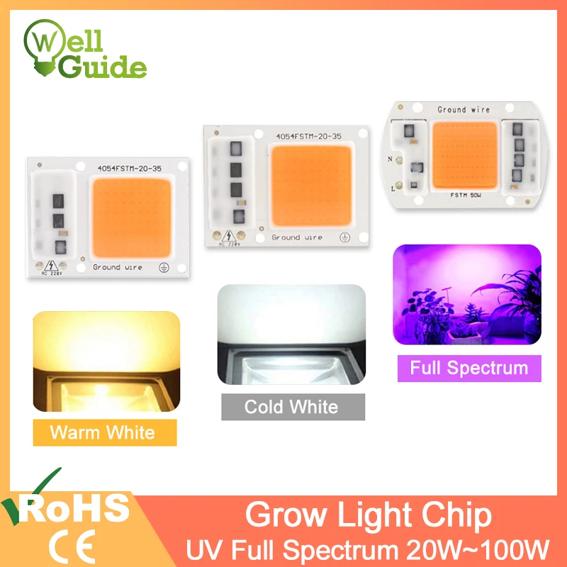 Светодиодный светильник для выращивания, COB/UV, полный спектр/теплый/холодный белый, переменный ток 220 в 240 в, 20 вт, 30 вт, 50 вт, 100 вт, для выращивания цветов