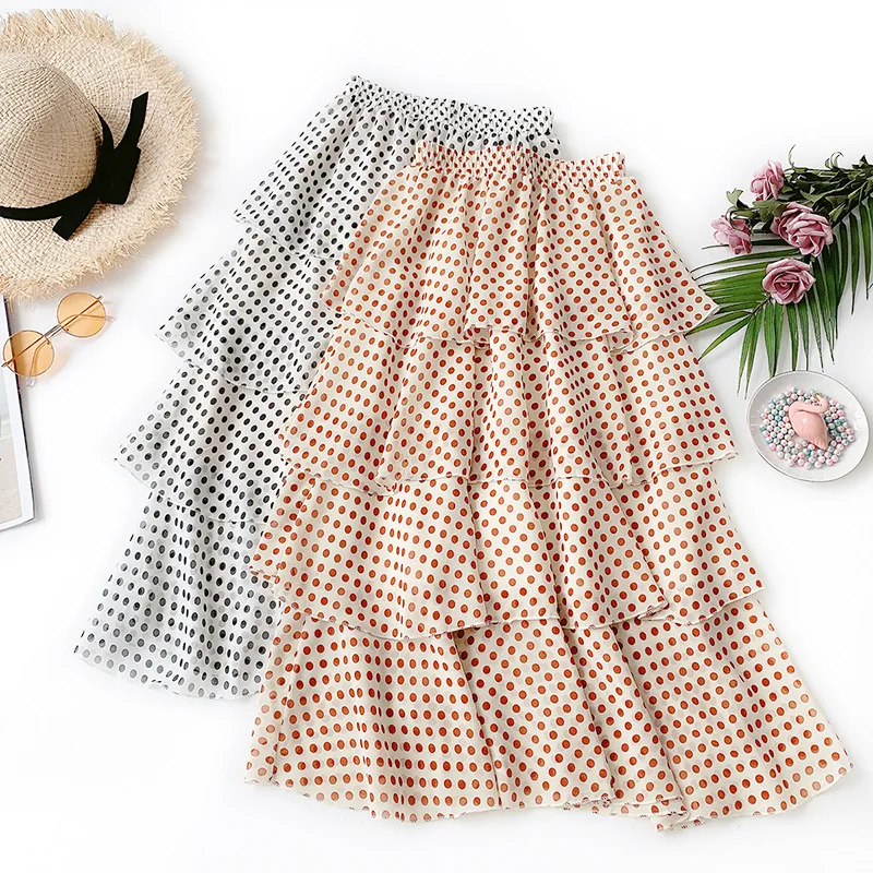 

Wasteheart Spring White Dots Printed Women Sexy Long Skirt High Waist Mid-calf Vintage Ruffles A-Line Skirts Layered
