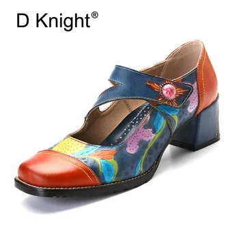 

Vintage Bohemian Women Pumps Shoes Woman Spring Autumn Genuine Leather Block High Heels Ladies Shoes Pumps Women Plus Size 36-42