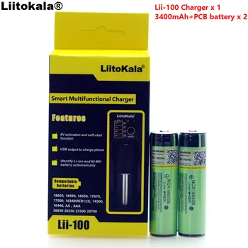 

Liitokala lii-100 1.2V 3.2V 3.7V 26650 Charger+2PCS Protection NCR18650B 3400mAh 18650 Rechargeable Battery +PCB For Panasonic