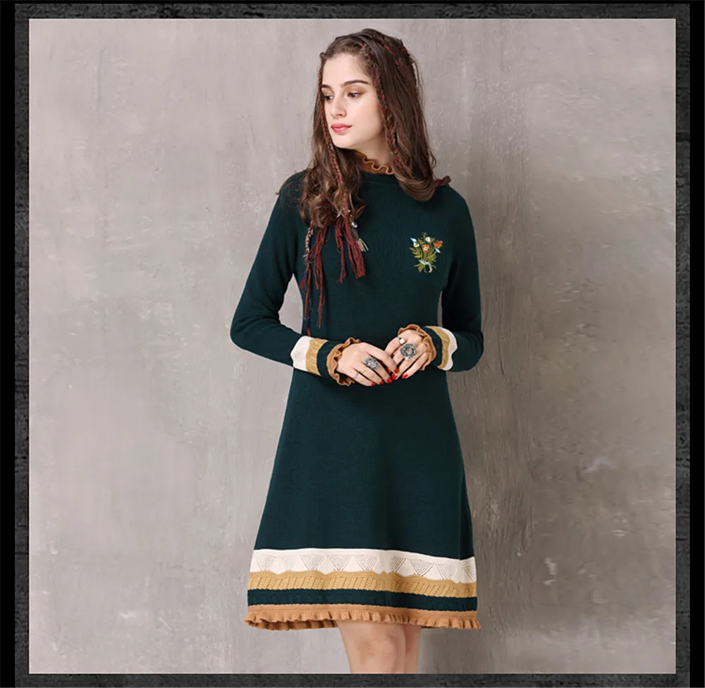 Vintage Winter Sweater Dress Women Green Casual Elasticity Cotton Dresses Autumn Knitting Ruffles-Neck Long Sleeve Dresses (14)
