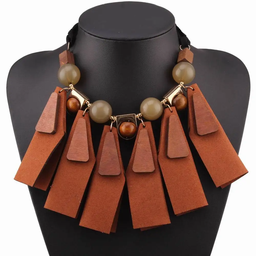 brown wood bead leather pendant chunky statement black rope ladies