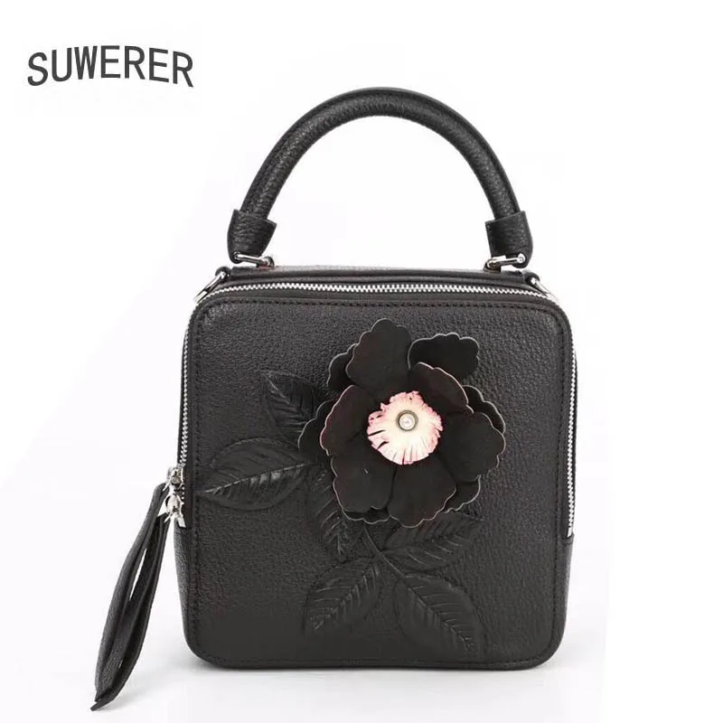 

SUWERER 2018 New women genuine leather bag brands Handmade flowers fashion cowhide women handbags leather shoulder bag