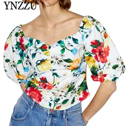 YNZZU 2019 Лето цветочный принт женский короткий топ с v-образным вырезом эластичная блузка с пышными рукавами тонкая сексуальная элегантная