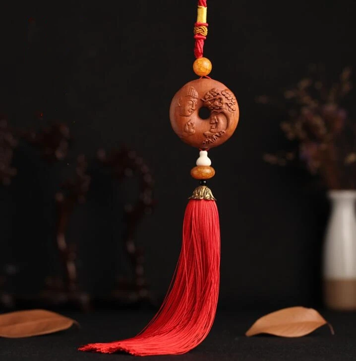 

Chinese Peach Wood Carved Buddha Head Bodhi Tree Buddha Pray Safe And Good Luck Buckle Exquisite Car Pendant Statue Gift