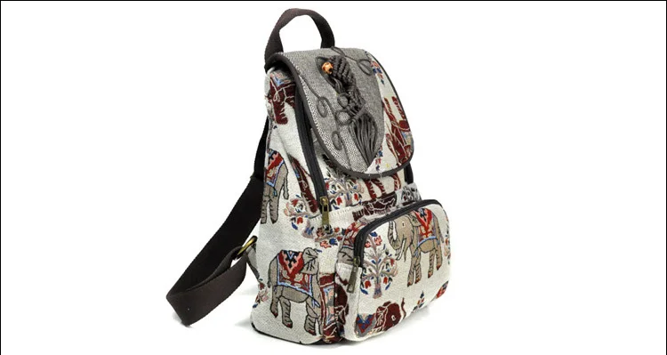 Bolsa de Ombro Thail Boho Mulheres Algodão Mochila Elefante Bordado Lona Viagem Mulher 10 Bolsas e Malas