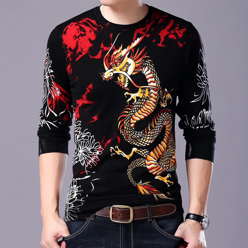 

Chinese style creative 3D dragon pattern printing pullover knit sweater Autumn 2018 quality cotton soft elastic sweater menM-3XL