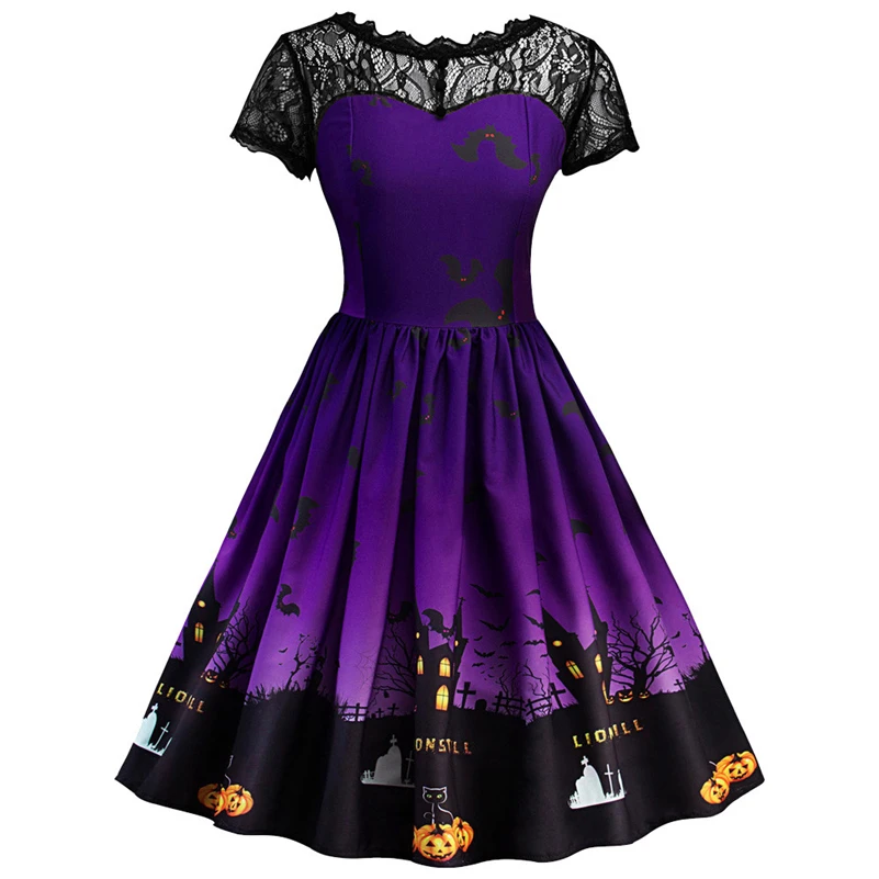 

Sexy women Halloween Retro Lace Vintage Dress Short Sleeve Pumpkin Swing Dress Sexy Party roupas Feminina vestido plaj clothing