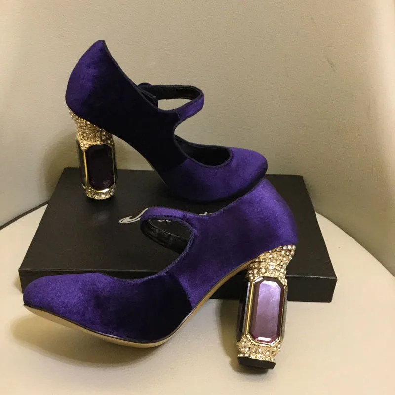 Новые бархатные Обувь на высоком каблуке Женская обувь роскошные хрусталь каблук дрель на не сужающемся книзу массивном каблуке обувь для бега женские Вечерние обувь sapato feminina